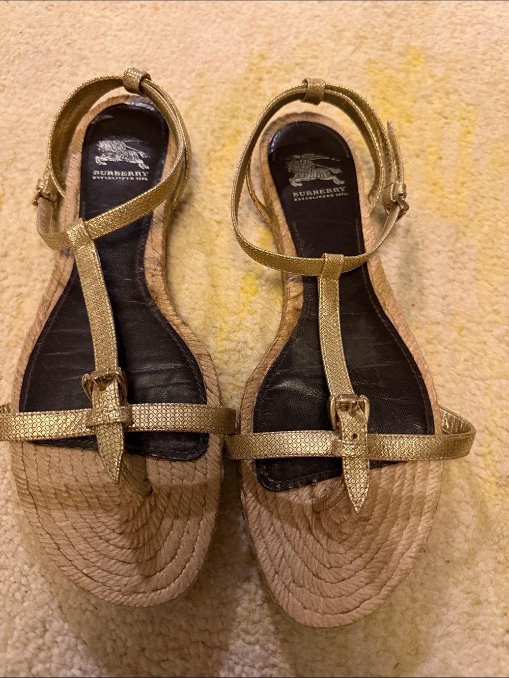 Burberry Gold T-Strap Woven Espadrille Sandals - size 38/8